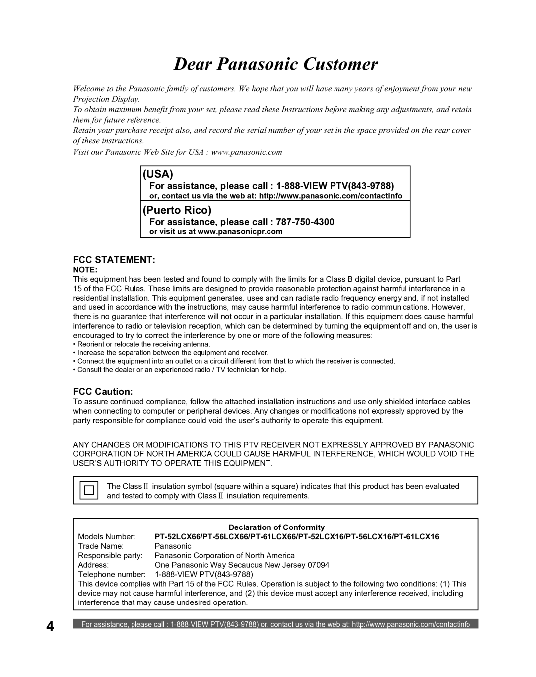 Panasonic PT 52LCX66 manual For assistance, please call 1-888-VIEW PTV843-9788, FCC Caution, Declaration of Conformity 