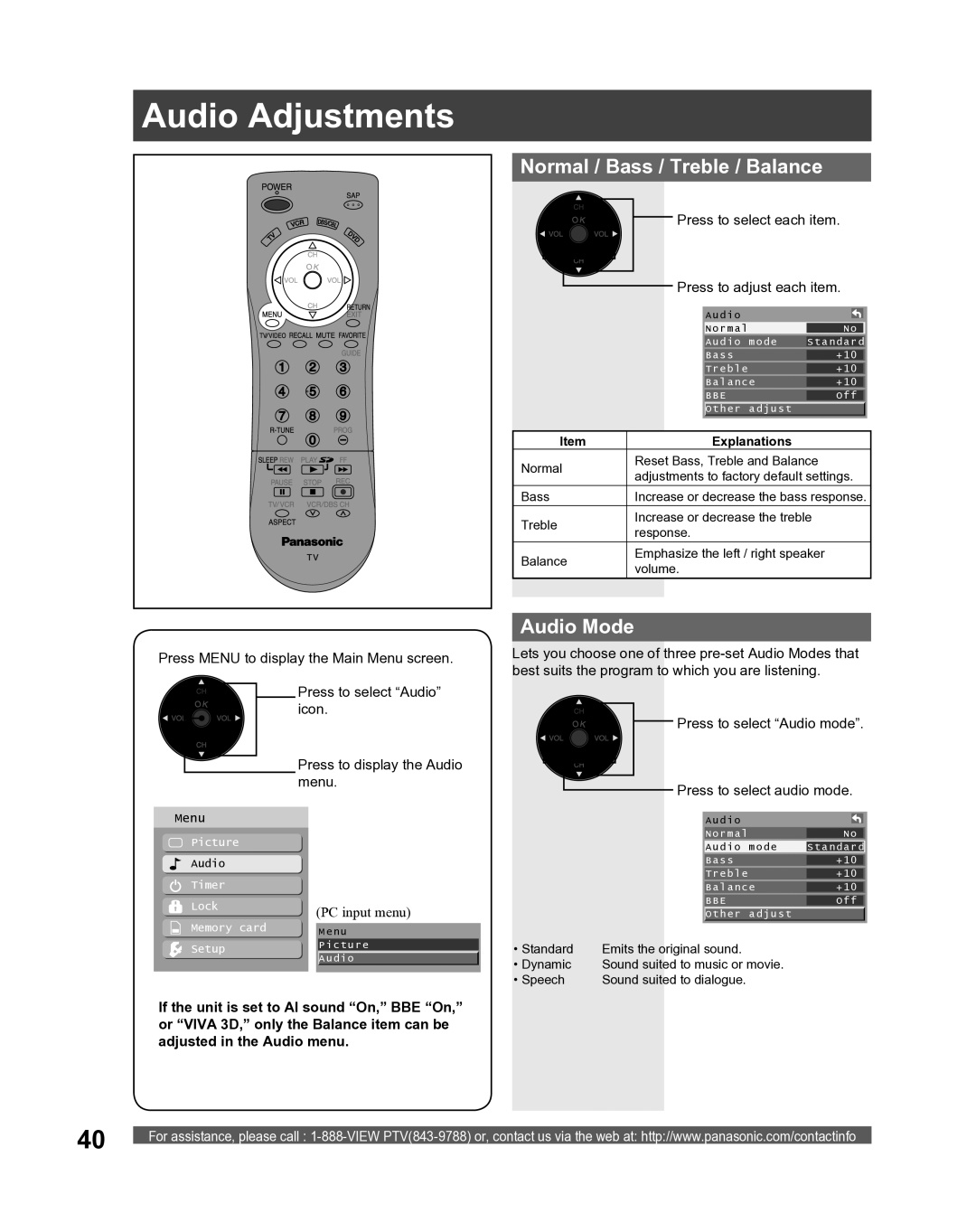 Panasonic PT 52LCX66, PT-61LCX16, PT-52LCX16, PT-56LCX16 Audio Adjustments, Normal / Bass / Treble / Balance, Audio Mode 