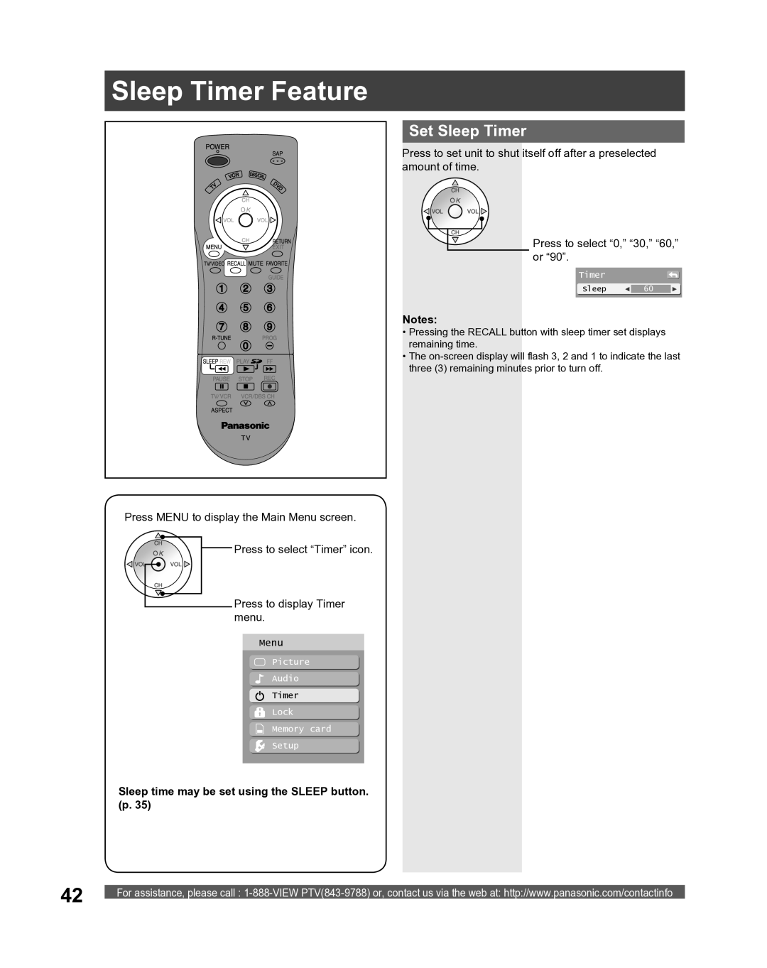 Panasonic PT-61LCX16, PT-52LCX16 Sleep Timer Feature, Set Sleep Timer, Sleep time may be set using the Sleep button. p 