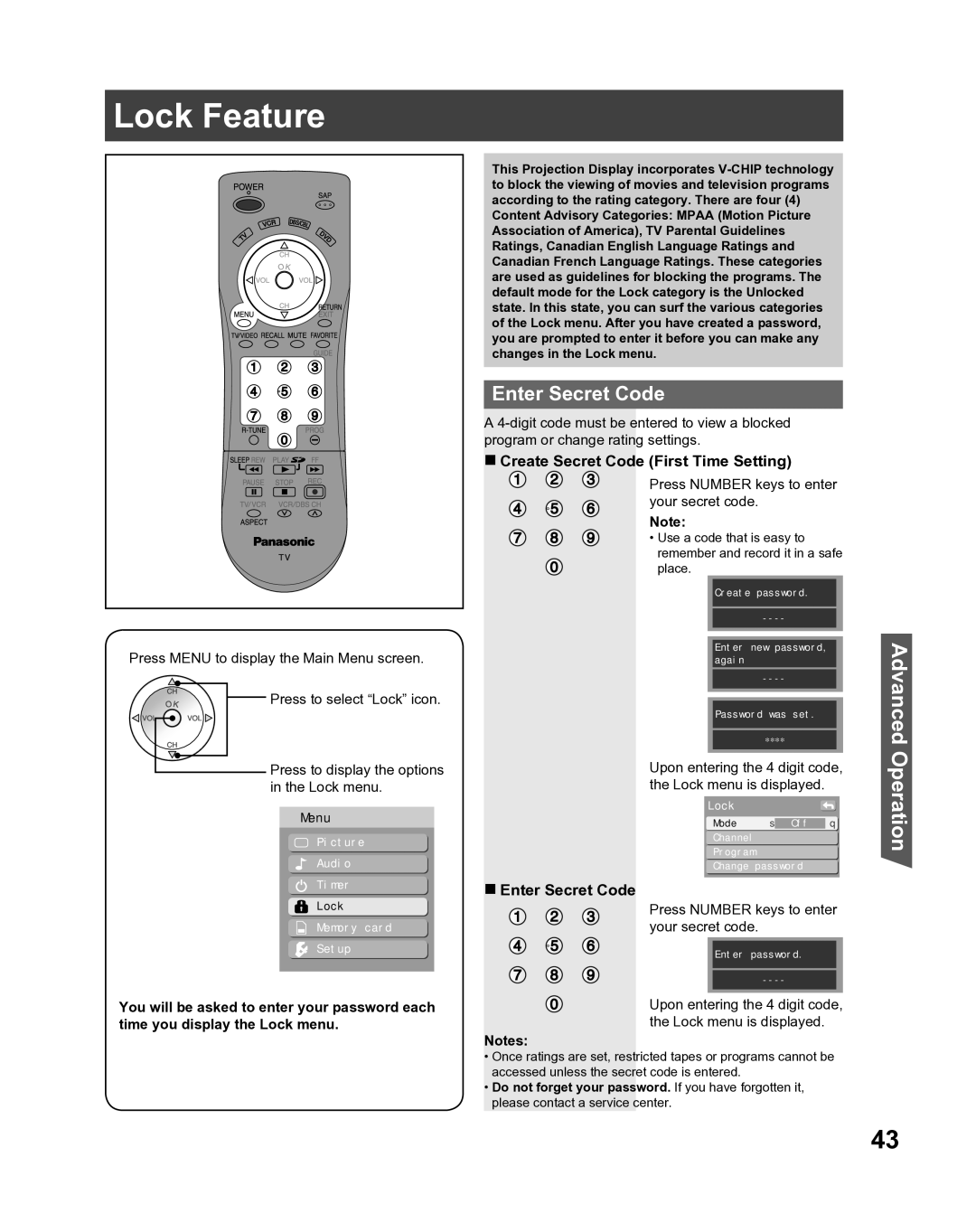 Panasonic PT-52LCX16, PT-61LCX16, PT-56LCX16 manual Lock Feature, Enter Secret Code, Create Secret Code First Time Setting 