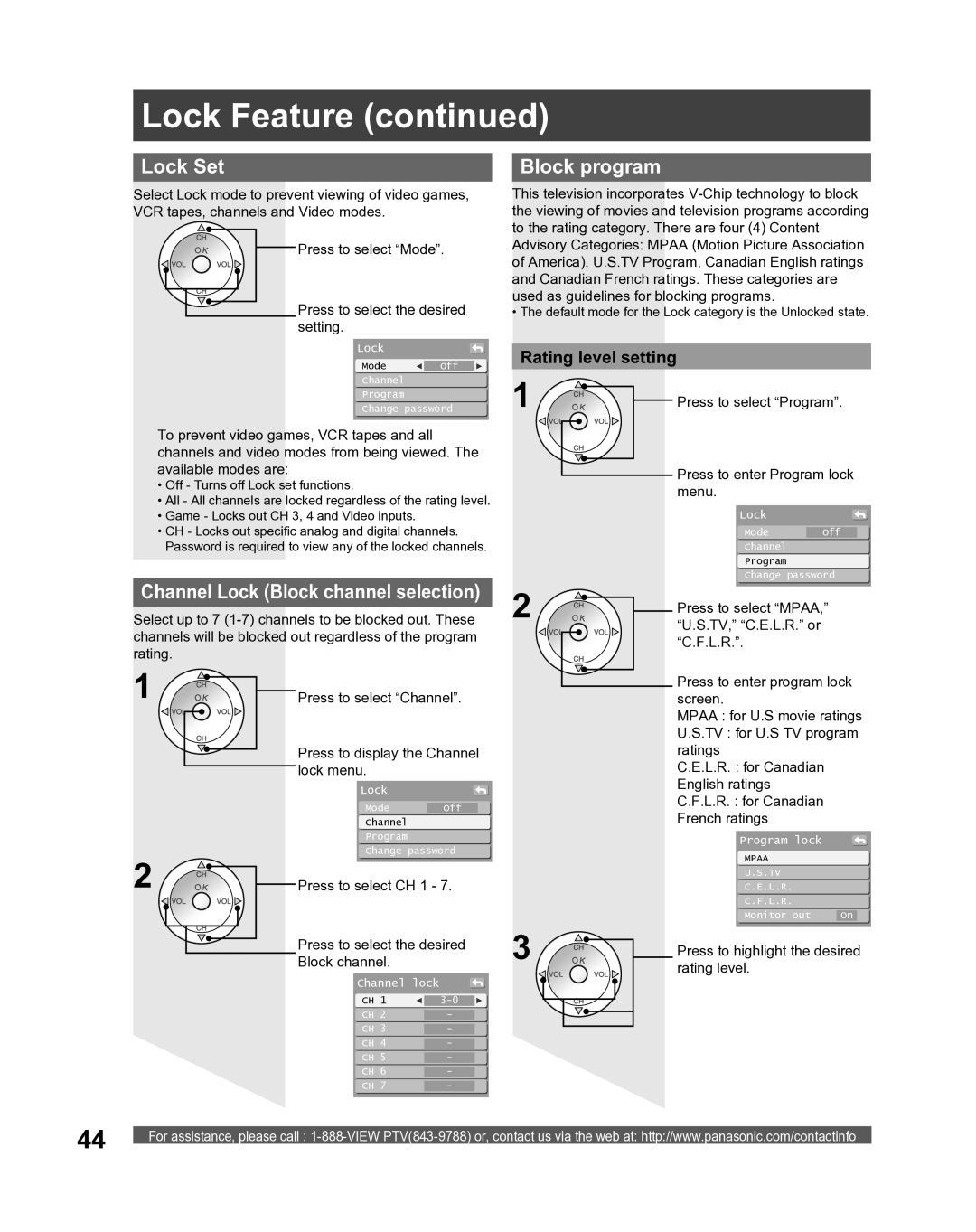 Panasonic PT-56LCX16, PT-61LCX16, PT-52LCX16, PT 56LCX66, PT 52LCX66, PT 61LCX66 Lock Set, Block program, Rating level setting 