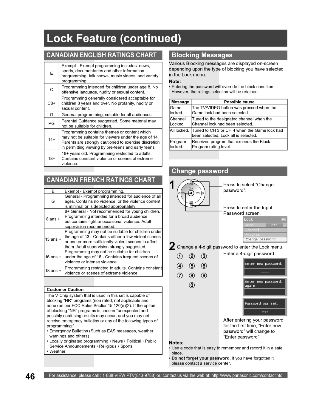 Panasonic PT 52LCX66, PT-61LCX16, PT-52LCX16, PT-56LCX16 manual Blocking Messages, Change password, Press to select Change 