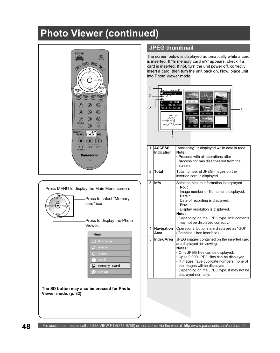 Panasonic PT-61LCX16, PT-52LCX16, PT-56LCX16 manual Jpeg thumbnail, SD button may also be pressed for Photo Viewer mode. p 