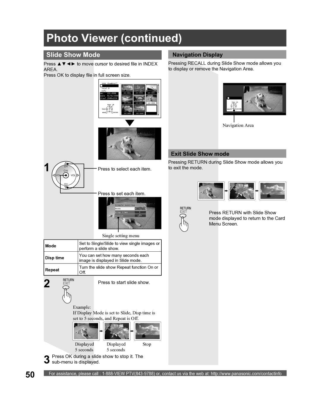 Panasonic PT-56LCX16 Slide Show Mode, Navigation Display, Exit Slide Show mode, Press OK during a slide show to stop it 