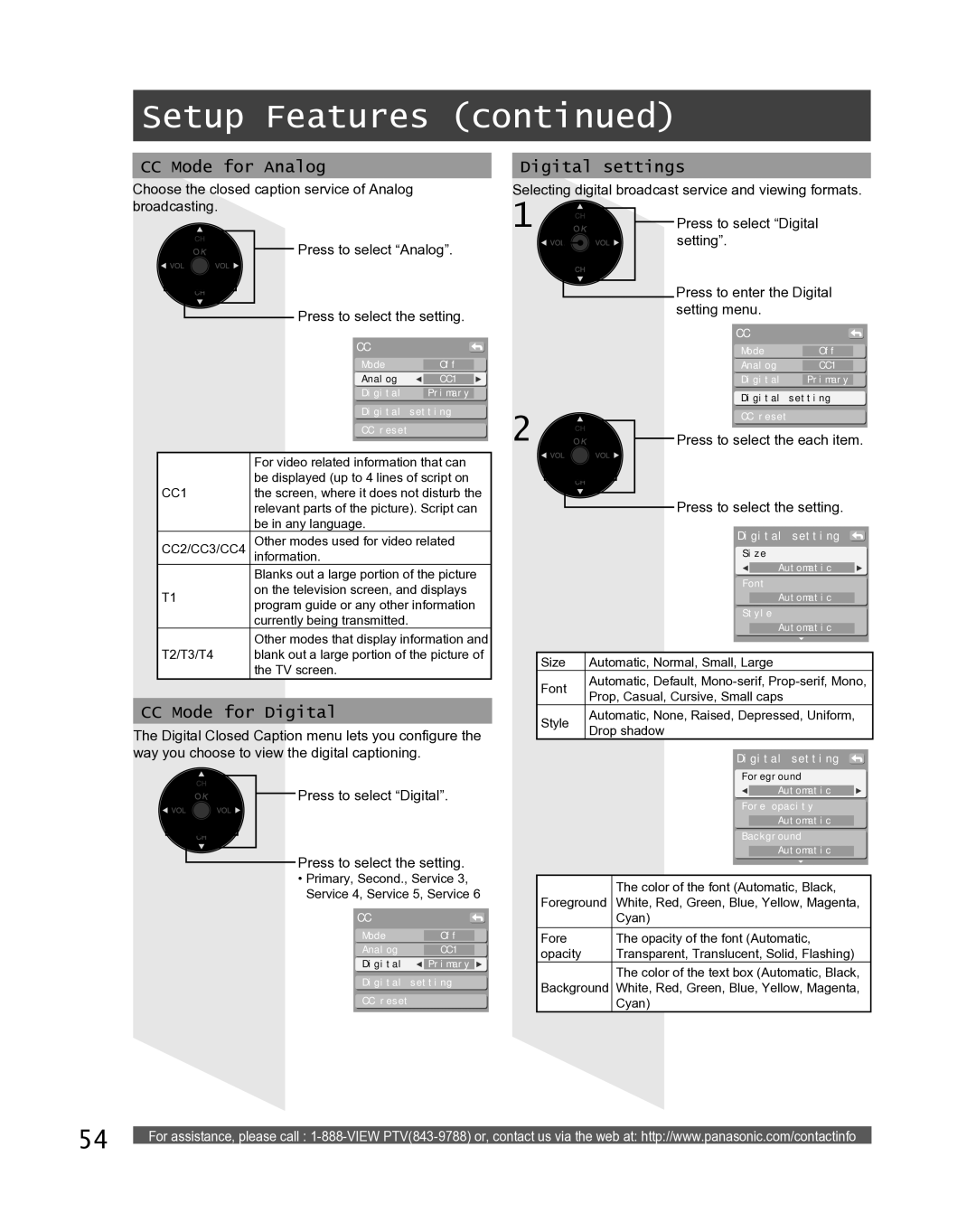 Panasonic PT-61LCX16, PT-52LCX16 CC Mode for Analog, CC Mode for Digital, Digital settings, Press to select the each item 