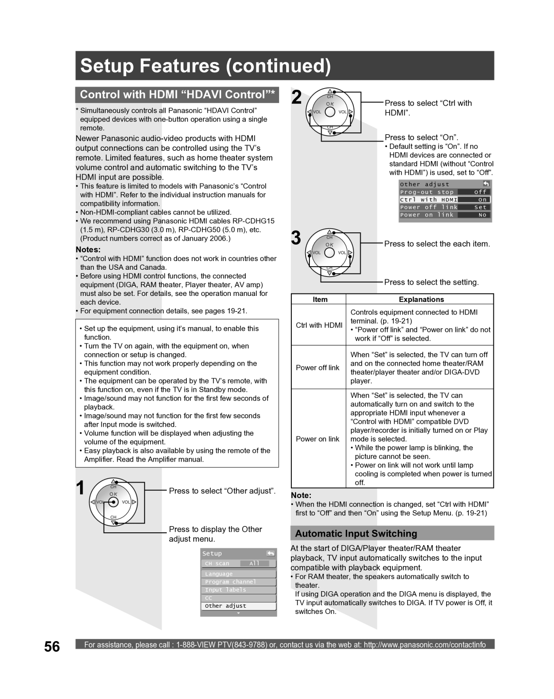 Panasonic PT-56LCX16, PT-61LCX16 Control with Hdmi Hdavi Control, Automatic Input Switching, Press to select Ctrl with 