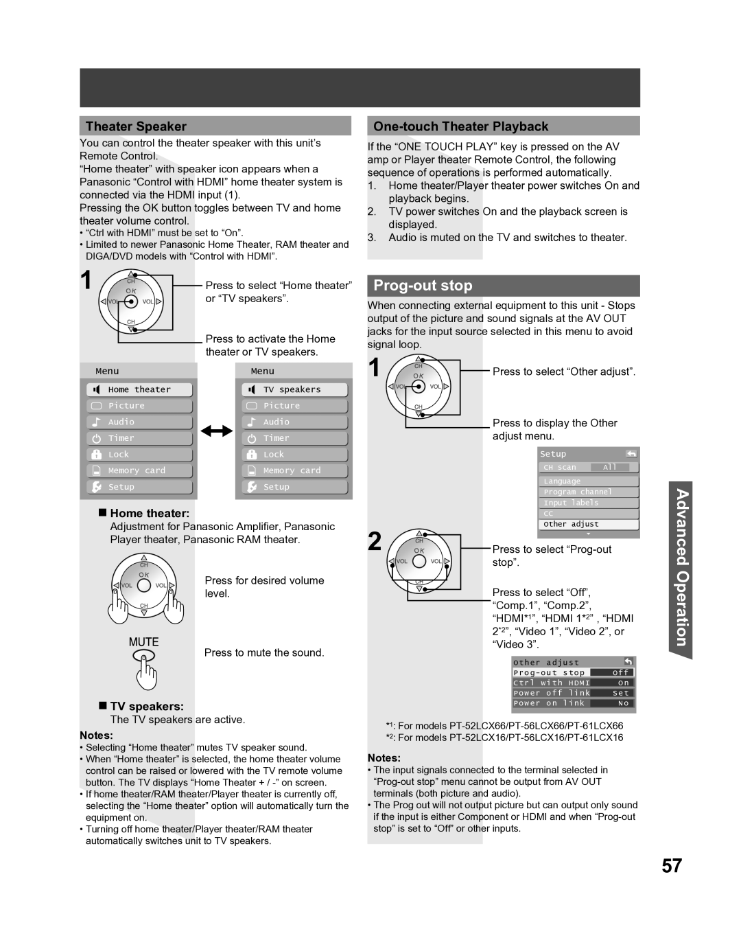 Panasonic PT 56LCX66, PT-61LCX16 Prog-out stop, Theater Speaker, One-touch Theater Playback, Home theater, TV speakers 