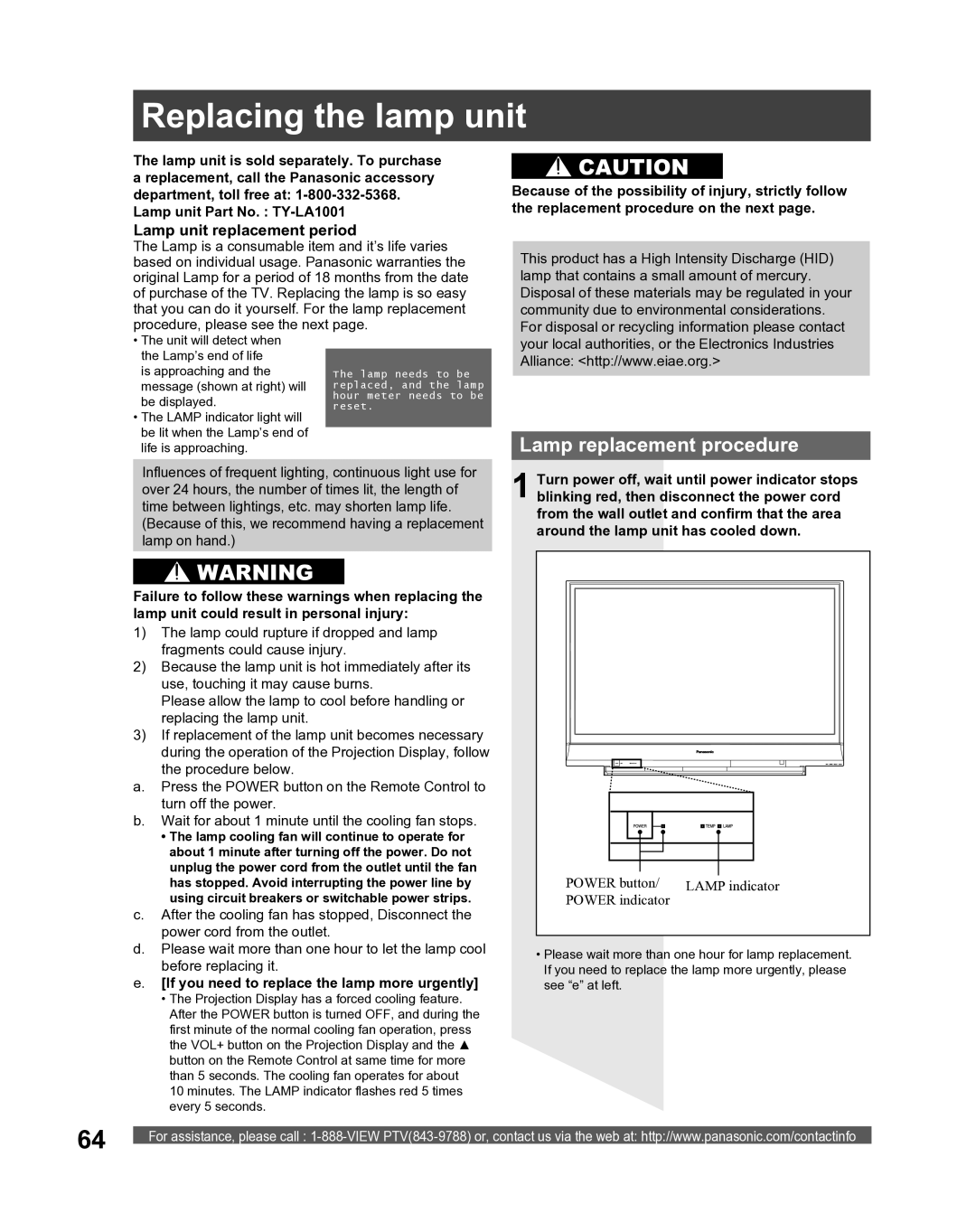 Panasonic PT 52LCX66, PT-61LCX16 manual Replacing the lamp unit, Lamp replacement procedure, Lamp unit replacement period 