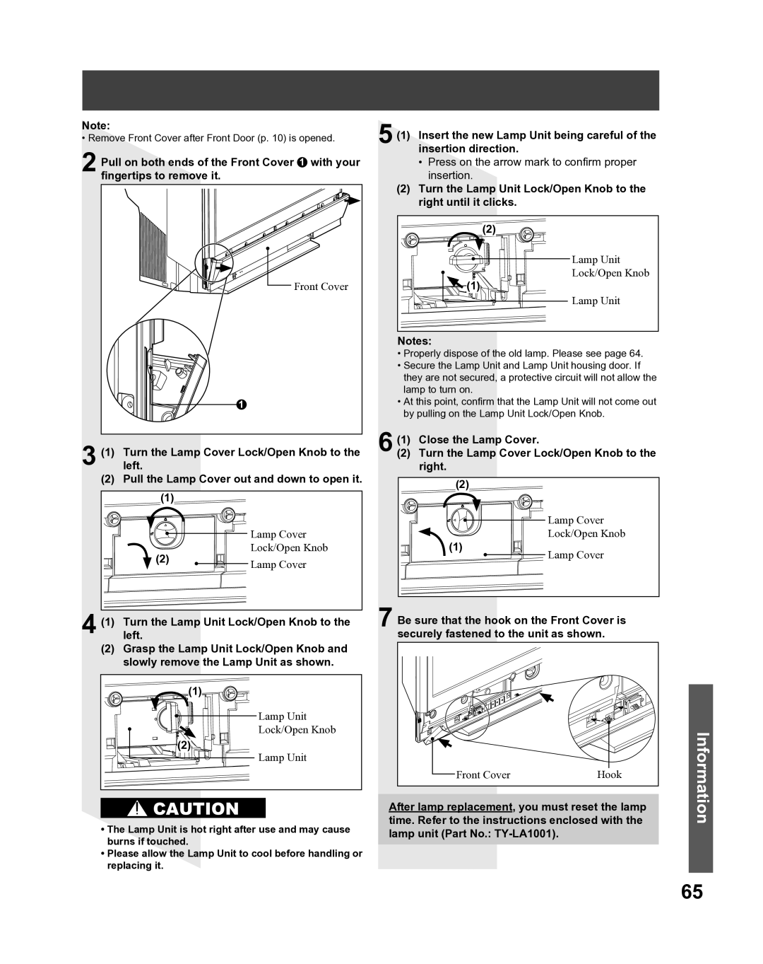 Panasonic PT 61LCX66 Press on the arrow mark to confirm proper insertion, After lamp replacement, you must reset the lamp 