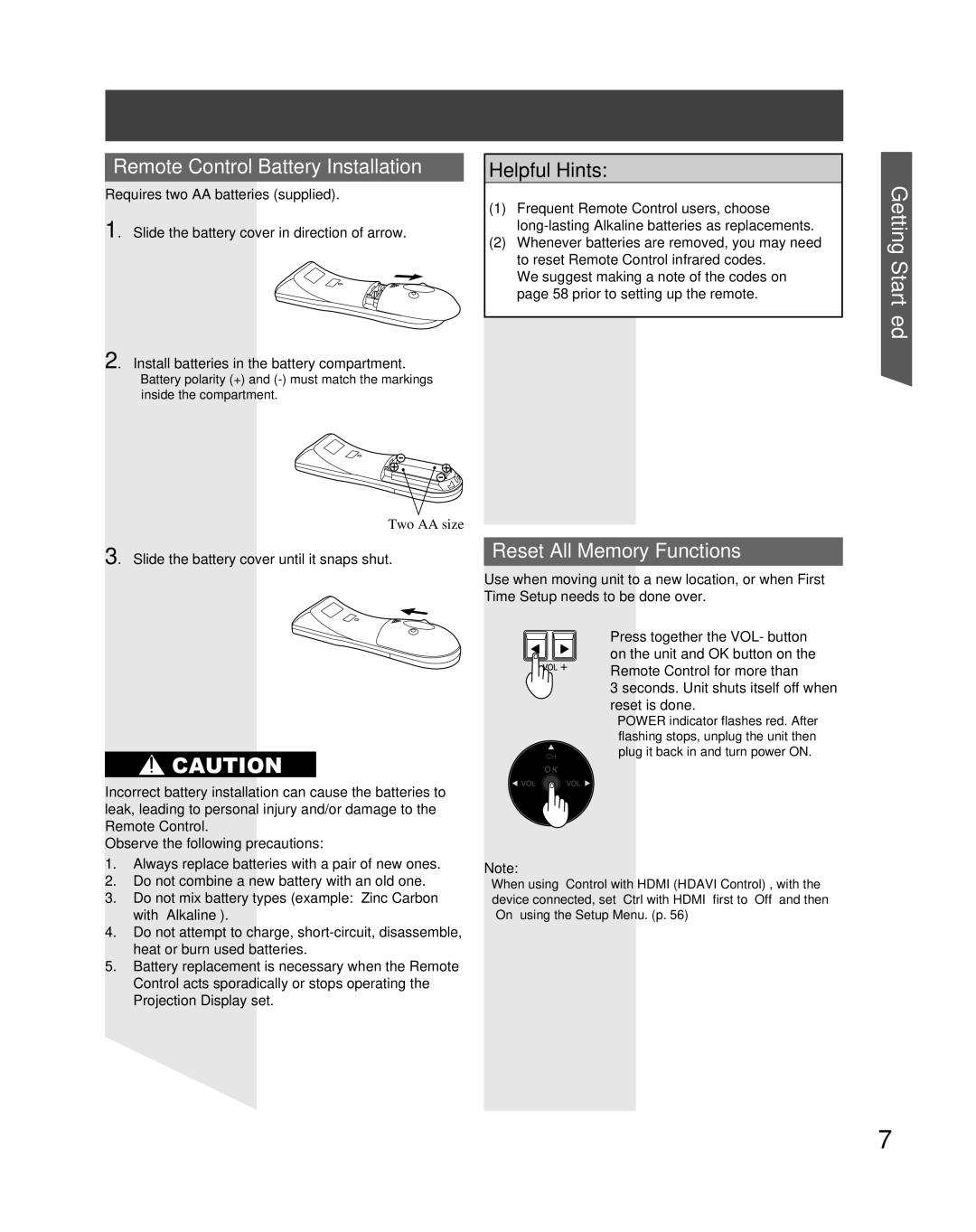 Panasonic PT-52LCX16 Remote Control Battery Installation, Reset All Memory Functions, Requires two AA batteries supplied 