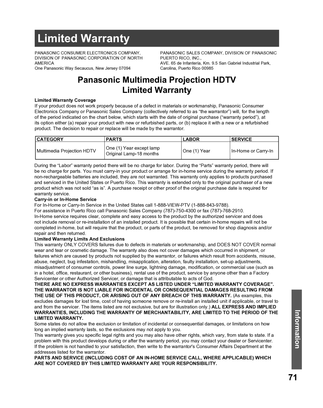 Panasonic PT 61LCX66 Limited Warranty Coverage, Carry-in or In-Home Service, Limited Warranty Limits And Exclusions 