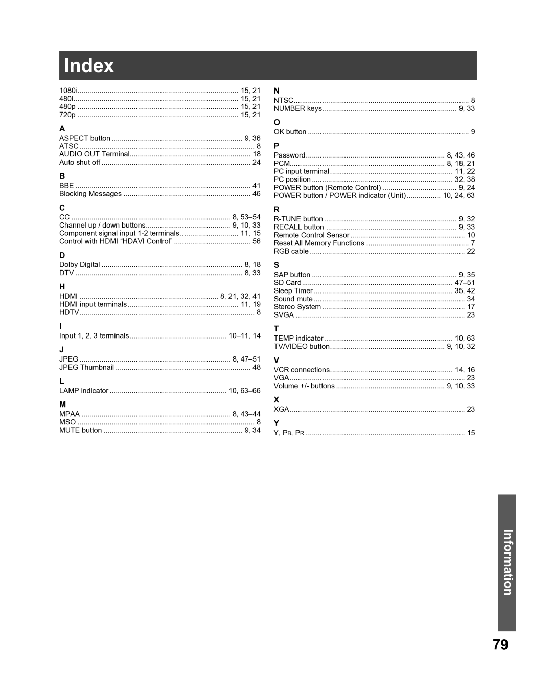 Panasonic PT-52LCX16, PT-61LCX16, PT-56LCX16, PT 56LCX66, PT 52LCX66, PT 61LCX66 manual Index, Pcm 