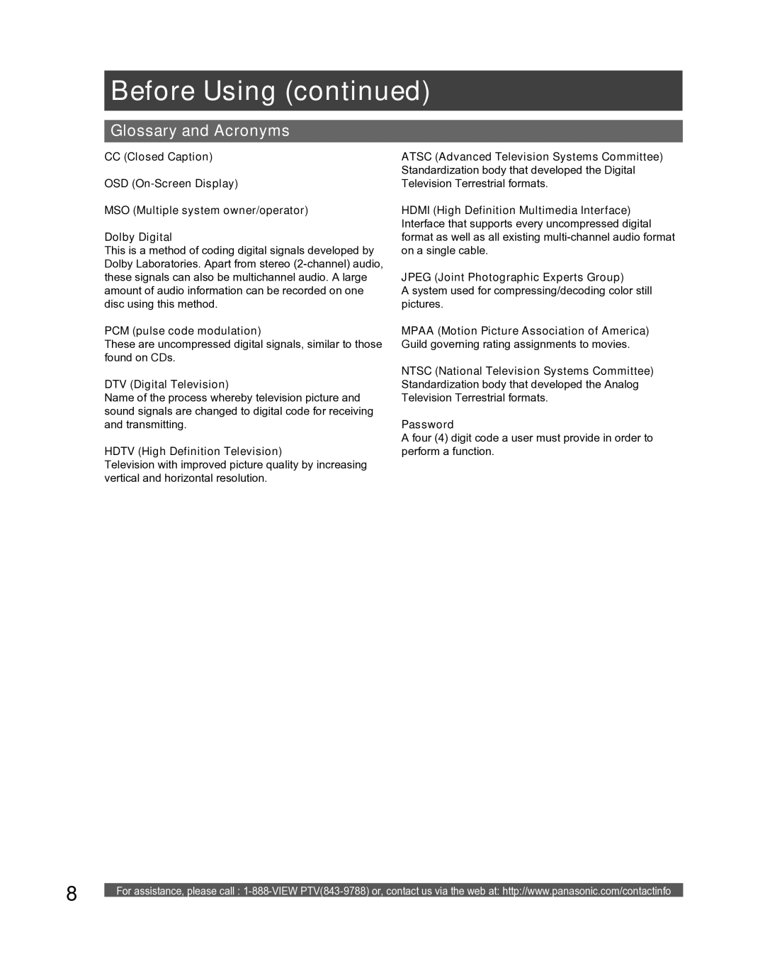 Panasonic PT-56LCX16, PT-61LCX16, PT-52LCX16 manual Glossary and Acronyms, PCM pulse code modulation, DTV Digital Television 