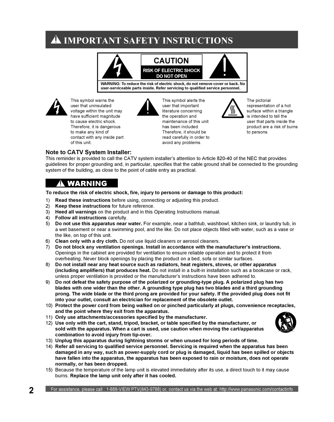 Panasonic PT-56LCX16 Important Safety Instructions, Note to CATV System Installer, Risk Of Electric Shock Do Not Open 