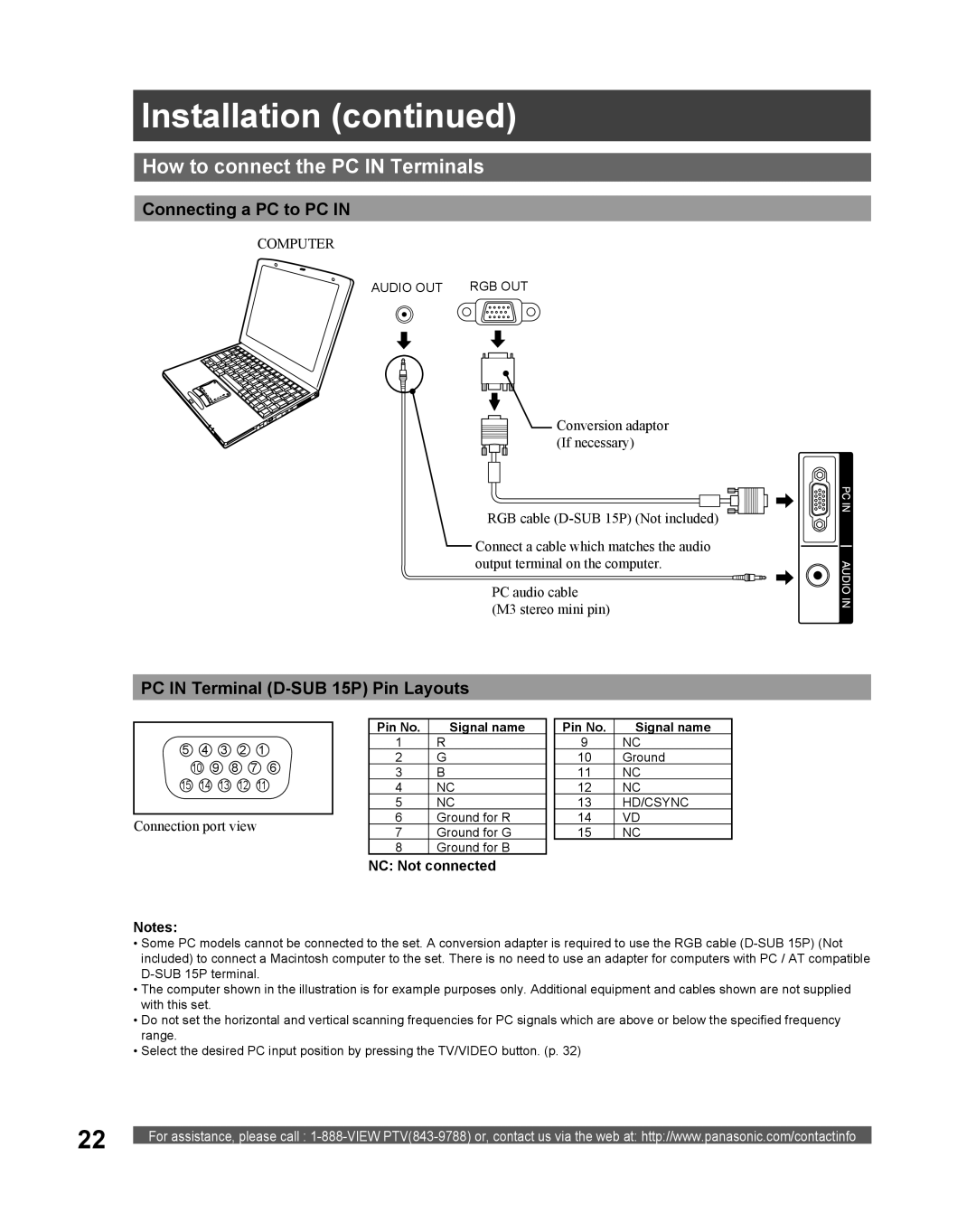 Panasonic PT 52LCX66 How to connect the PC IN Terminals, Connecting a PC to PC IN, PC IN Terminal D-SUB 15P Pin Layouts 