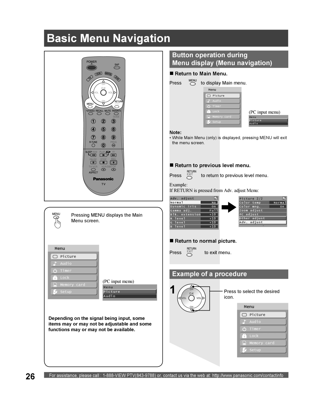 Panasonic PT-56LCX16 Basic Menu Navigation, Button operation during Menu display Menu navigation, Example of a procedure 