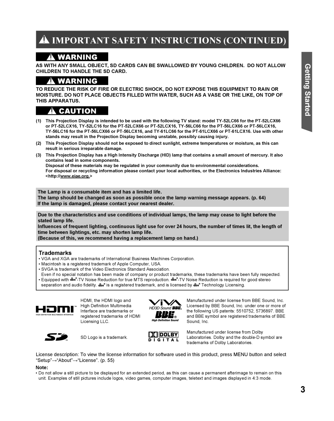 Panasonic PT 56LCX66, PT-61LCX16, PT-52LCX16 manual Important Safety Instructions Continued, Getting Started, Trademarks 