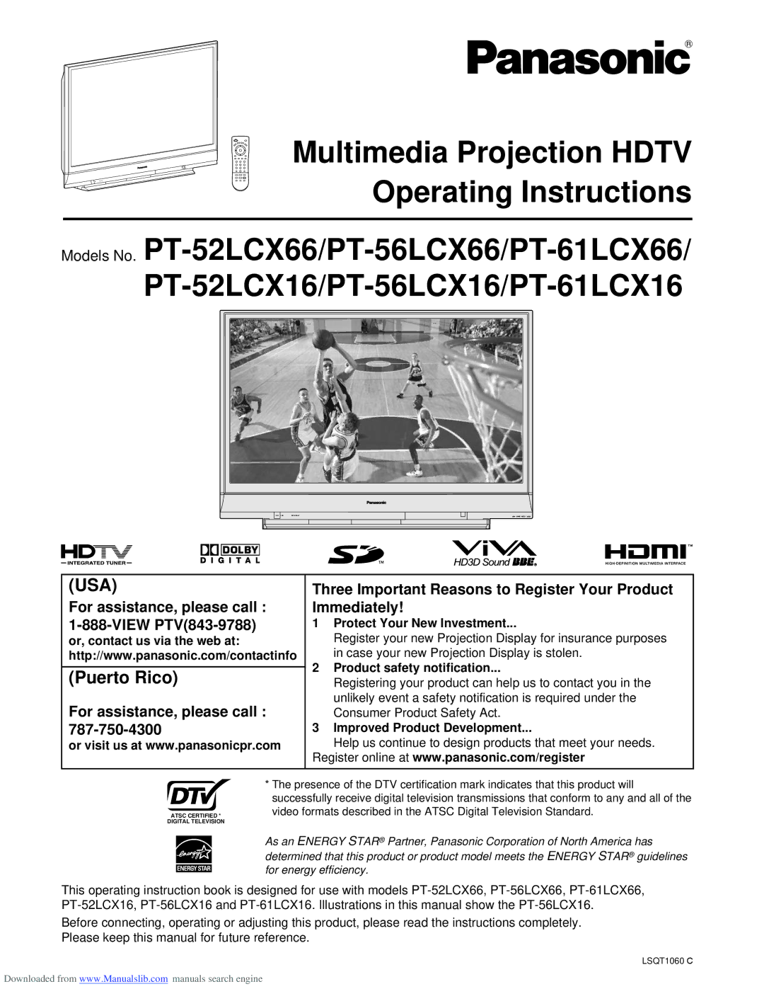 Panasonic PT-61LCX16, PT-61LCX66 manual Three Important Reasons to Register Your Product, For assistance, please call 