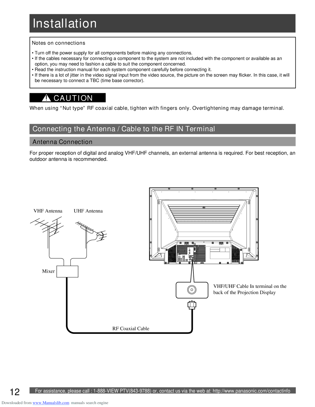 Panasonic PT-56LCX66, PT-61LCX66 Installation, Connecting the Antenna / Cable to the RF in Terminal, Antenna Connection 