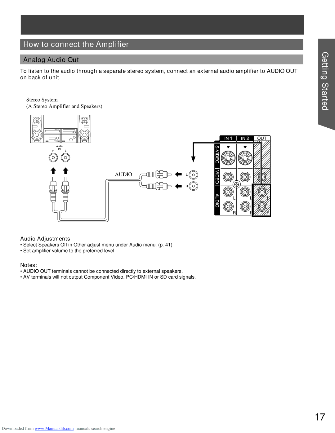 Panasonic PT-56LCX66, PT-61LCX66, PT-61LCX16, PT-52LCX16 How to connect the Amplifier, Analog Audio Out, Audio Adjustments 