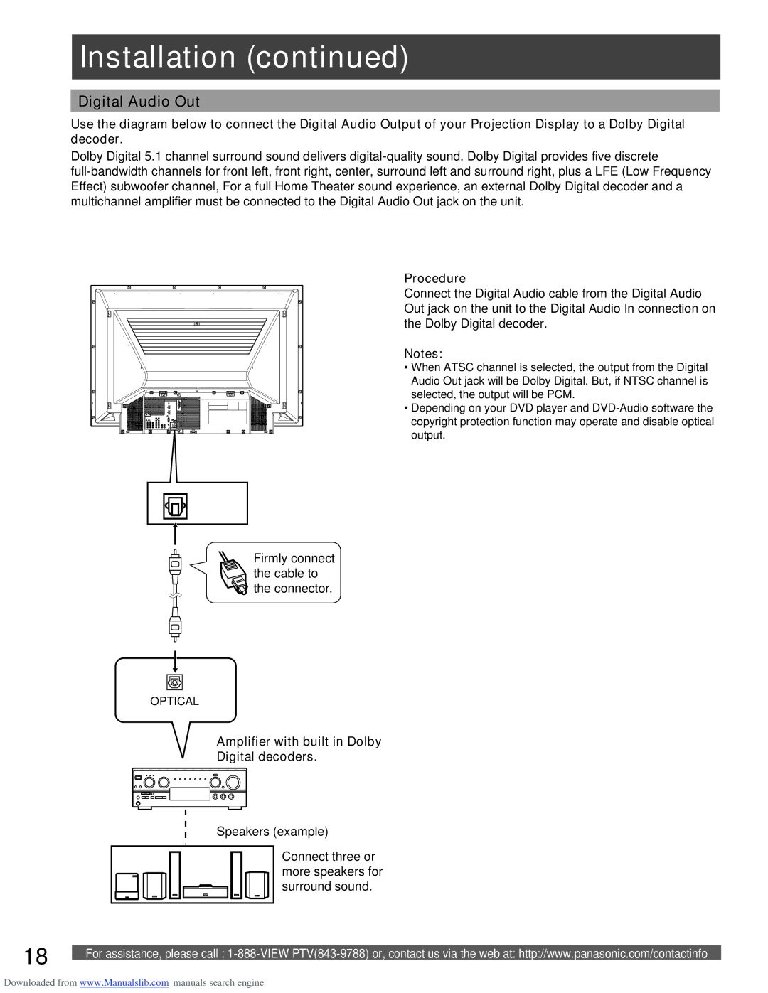 Panasonic PT-52LCX16, PT-61LCX66, PT-61LCX16 manual Digital Audio Out, Procedure, Firmly connect the cable to the connector 