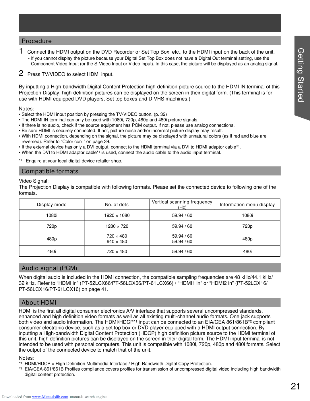 Panasonic PT-61LCX16, PT-61LCX66, PT-56LCX66, PT-52LCX16 manual Procedure, Compatible formats, Audio signal PCM, About Hdmi 