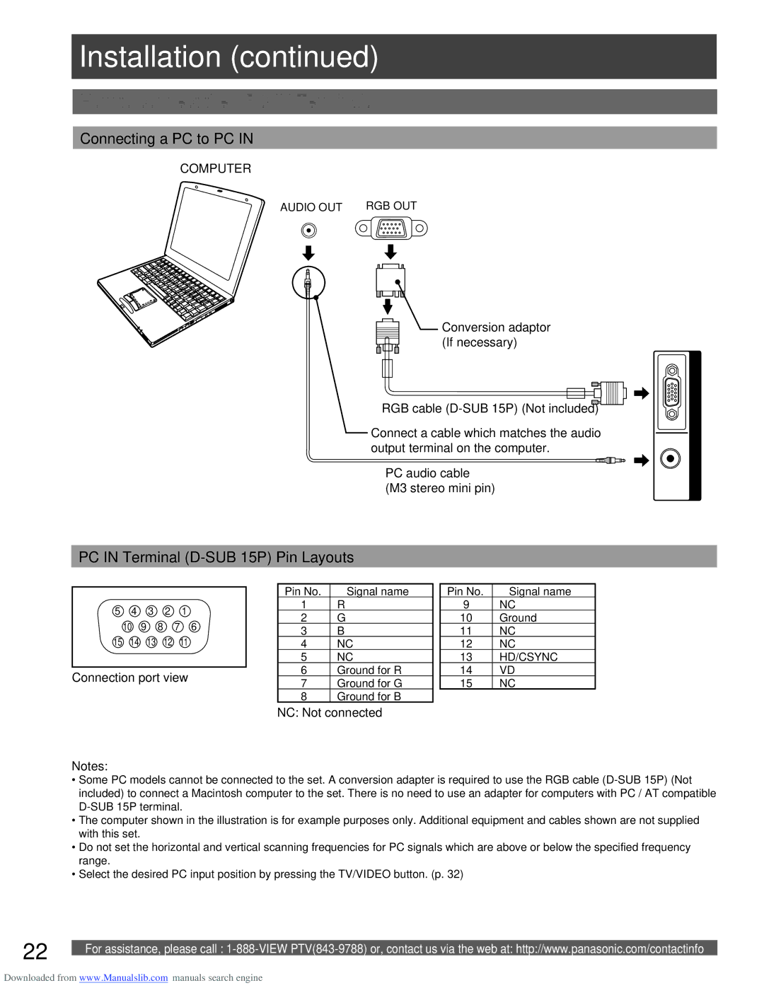 Panasonic PT-56LCX66 manual How to connect the PC in Terminals, Connecting a PC to PC, PC in Terminal D-SUB 15P Pin Layouts 