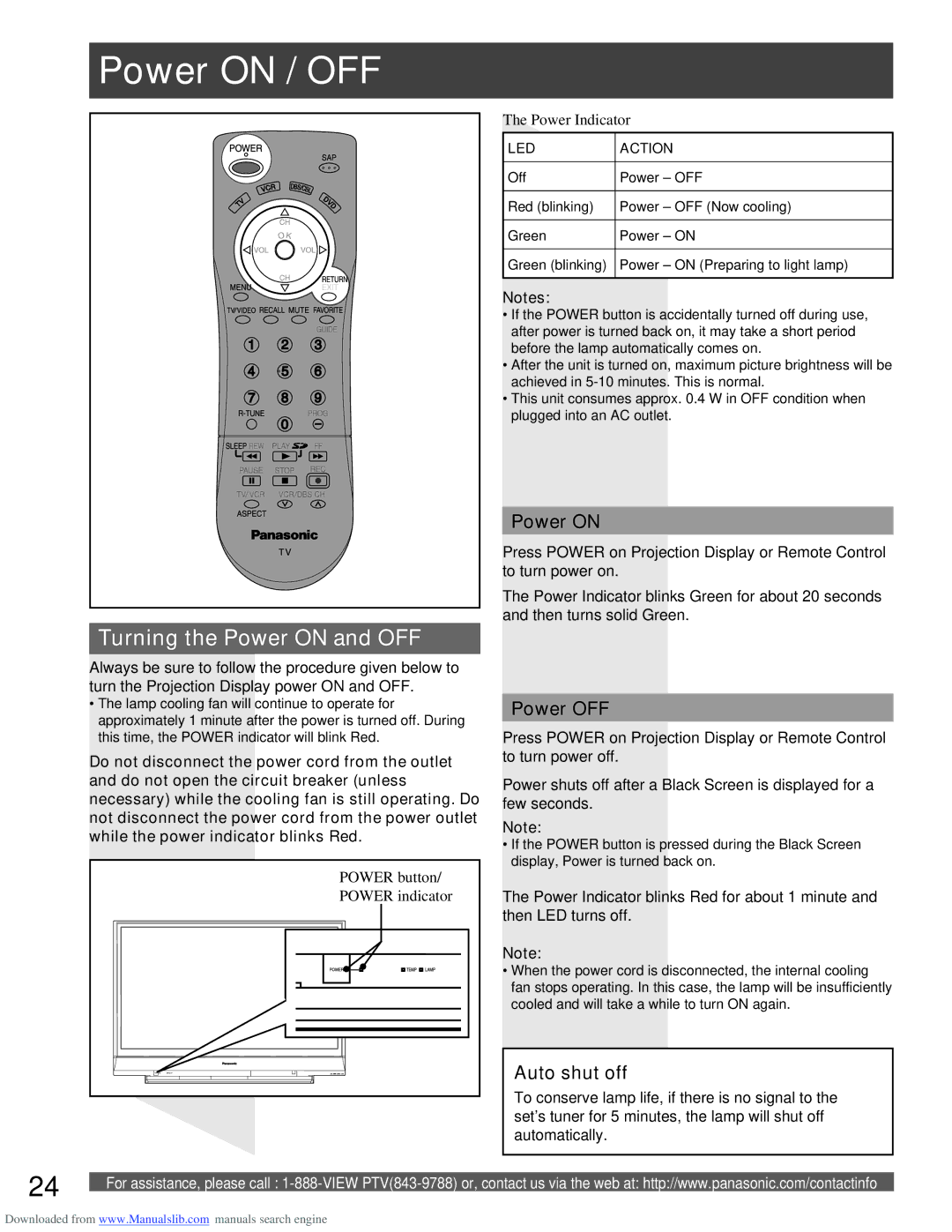 Panasonic PT-56LCX16, PT-61LCX66, PT-61LCX16 manual Power on / OFF, Turning the Power on and OFF, Power OFF, Auto shut off 