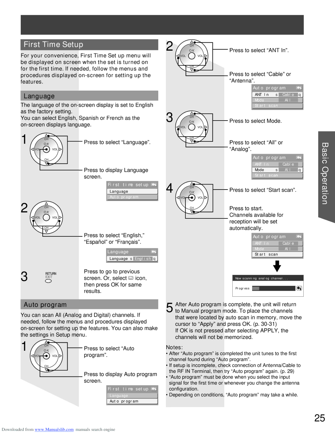 Panasonic PT-61LCX66 manual First Time Setup, Language, Auto program, Press to select ANT Press to select Cable or Antenna 