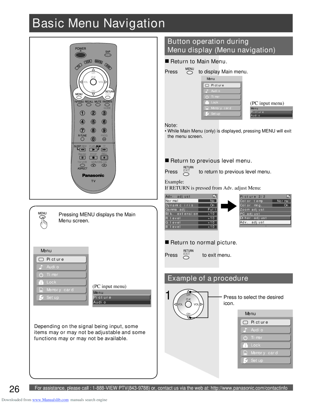 Panasonic PT-61LCX16 Basic Menu Navigation, Button operation during Menu display Menu navigation, Example of a procedure 