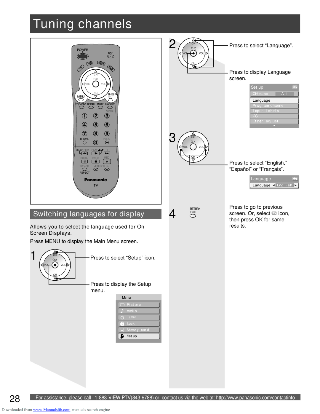 Panasonic PT-52LCX16, PT-61LCX66, PT-61LCX16, PT-56LCX66, PT-56LCX16 manual Tuning channels, Switching languages for display 