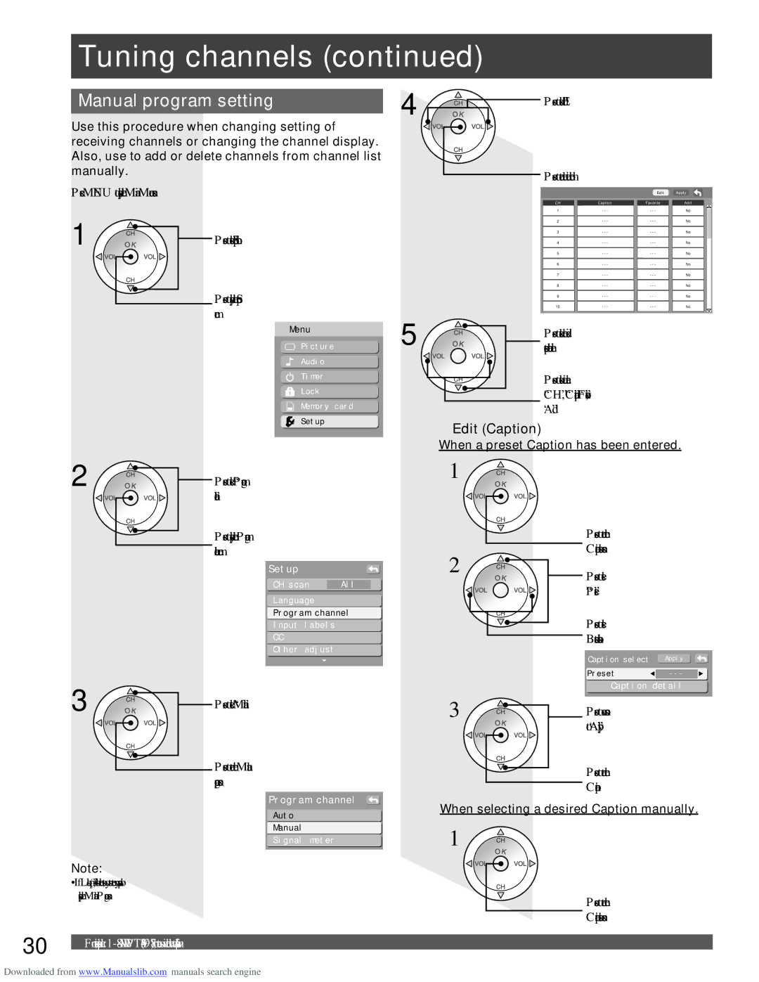 Panasonic PT-61LCX66, PT-61LCX16, PT-56LCX66 Manual program setting, Edit Caption, When a preset Caption has been entered 