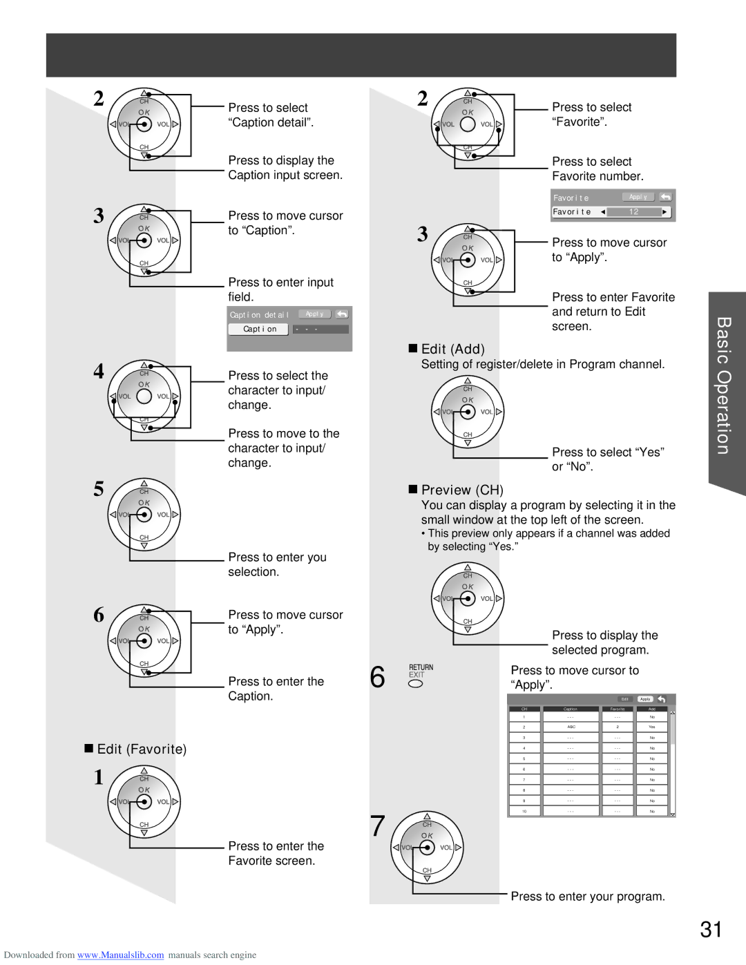 Panasonic PT-61LCX16, PT-61LCX66, PT-56LCX66, PT-52LCX16, PT-56LCX16 manual Edit Add, Preview CH, Edit Favorite 