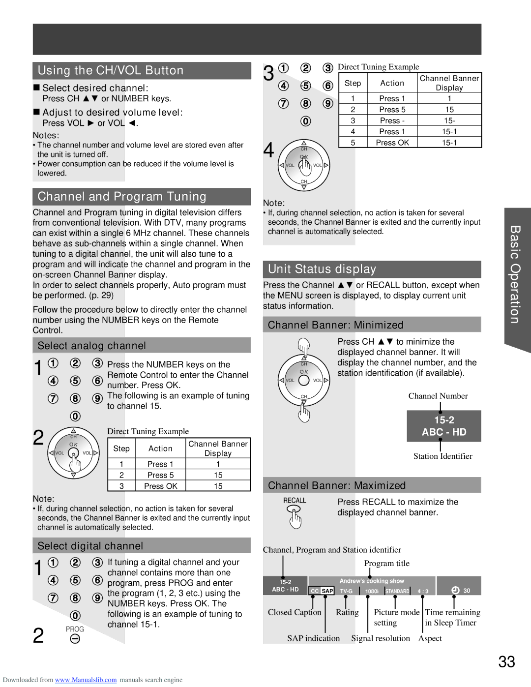 Panasonic PT-52LCX16, PT-61LCX66, PT-61LCX16 manual Using the CH/VOL Button, Channel and Program Tuning, Unit Status display 