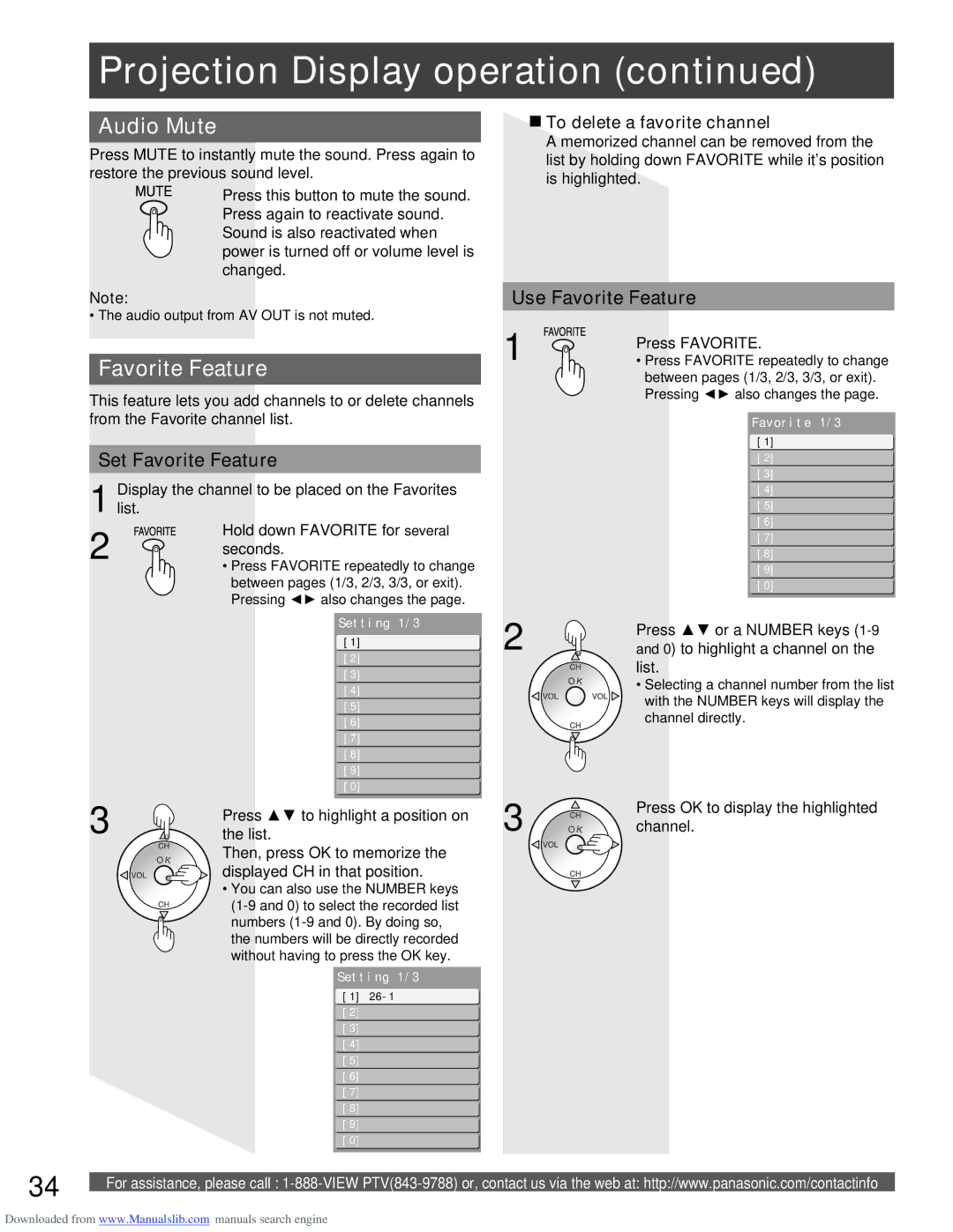 Panasonic PT-56LCX16, PT-61LCX66 Audio Mute, Set Favorite Feature, Use Favorite Feature, To delete a favorite channel 