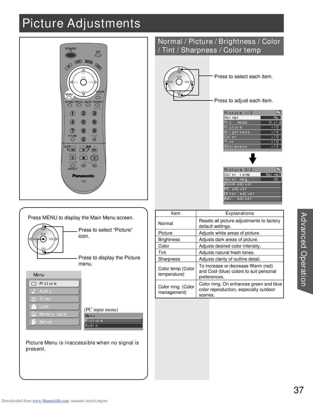 Panasonic PT-56LCX66, PT-61LCX66 Picture Adjustments, Press to select each item Press to adjust each item, Explanations 