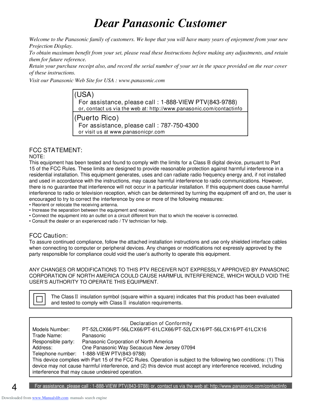 Panasonic PT-56LCX16 manual For assistance, please call 1-888-VIEW PTV843-9788, FCC Caution, Declaration of Conformity 