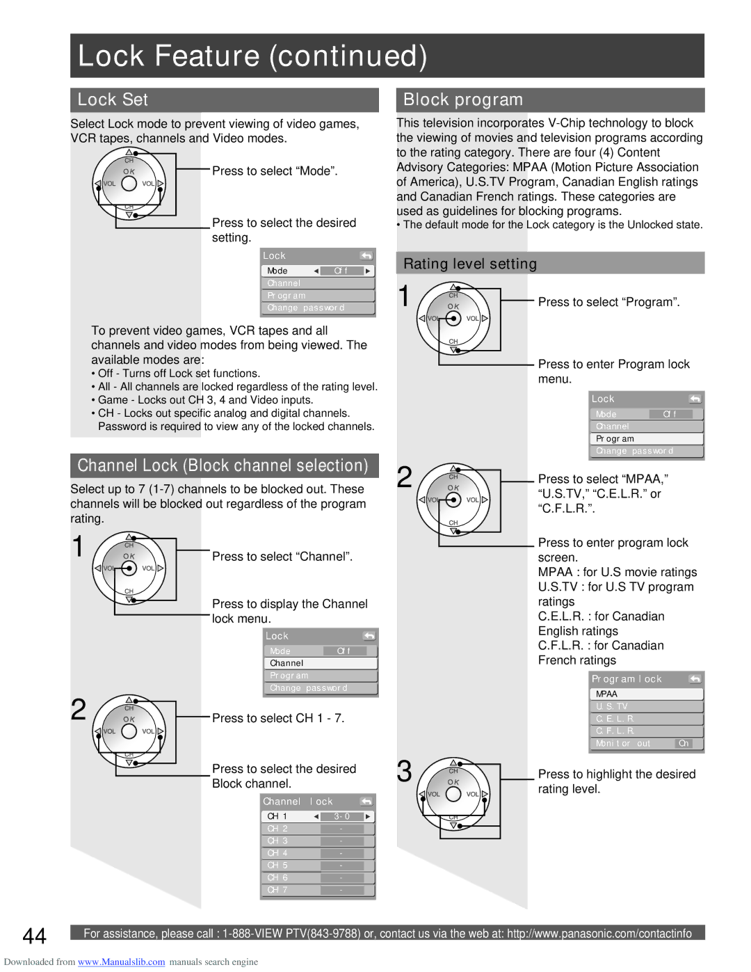 Panasonic PT-56LCX16, PT-61LCX66, PT-61LCX16, PT-56LCX66, PT-52LCX16 manual Lock Set, Rating level setting 