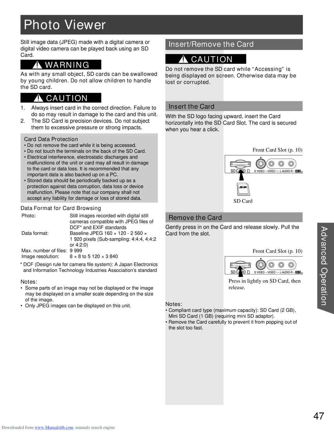 Panasonic PT-56LCX66, PT-61LCX66, PT-61LCX16, PT-52LCX16, PT-56LCX16 Photo Viewer, Insert/Remove the Card, Insert the Card 