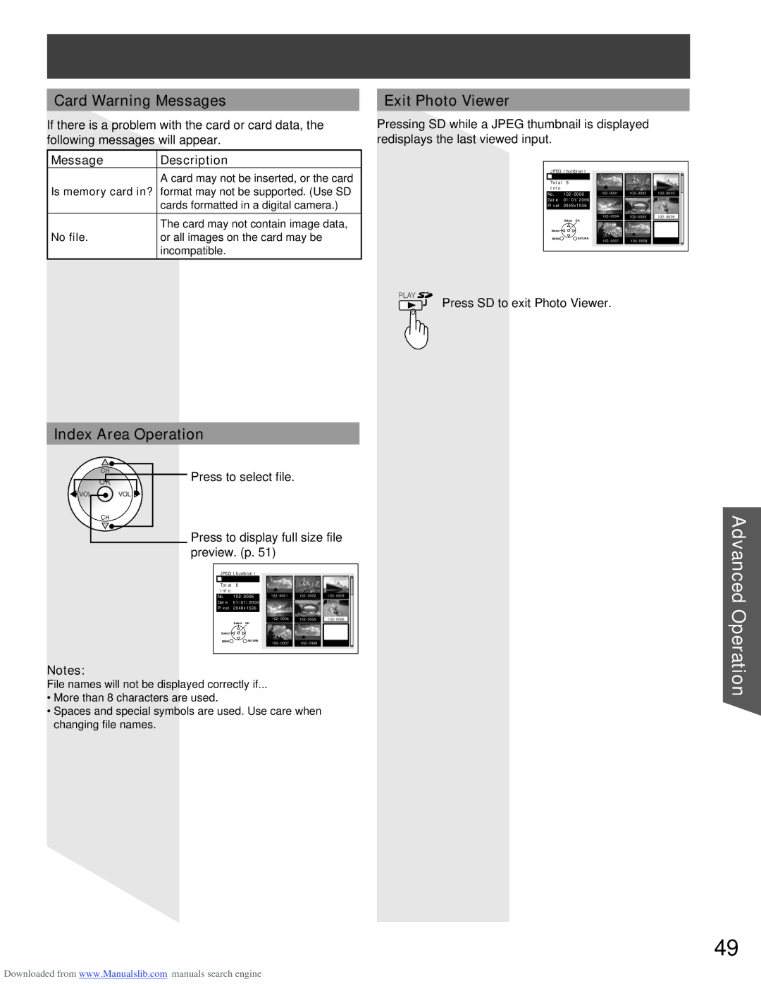 Panasonic PT-56LCX16, PT-61LCX66 manual Card Warning Messages, Exit Photo Viewer, Index Area Operation, Message Description 