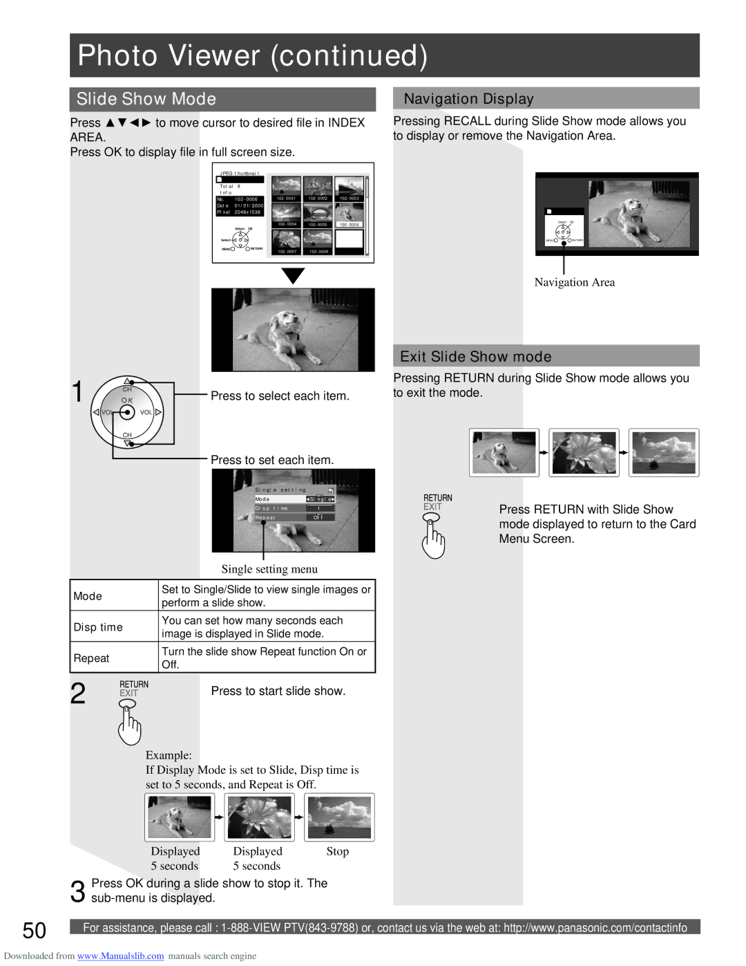 Panasonic PT-61LCX66 Slide Show Mode, Navigation Display, Exit Slide Show mode, Press OK during a slide show to stop it 