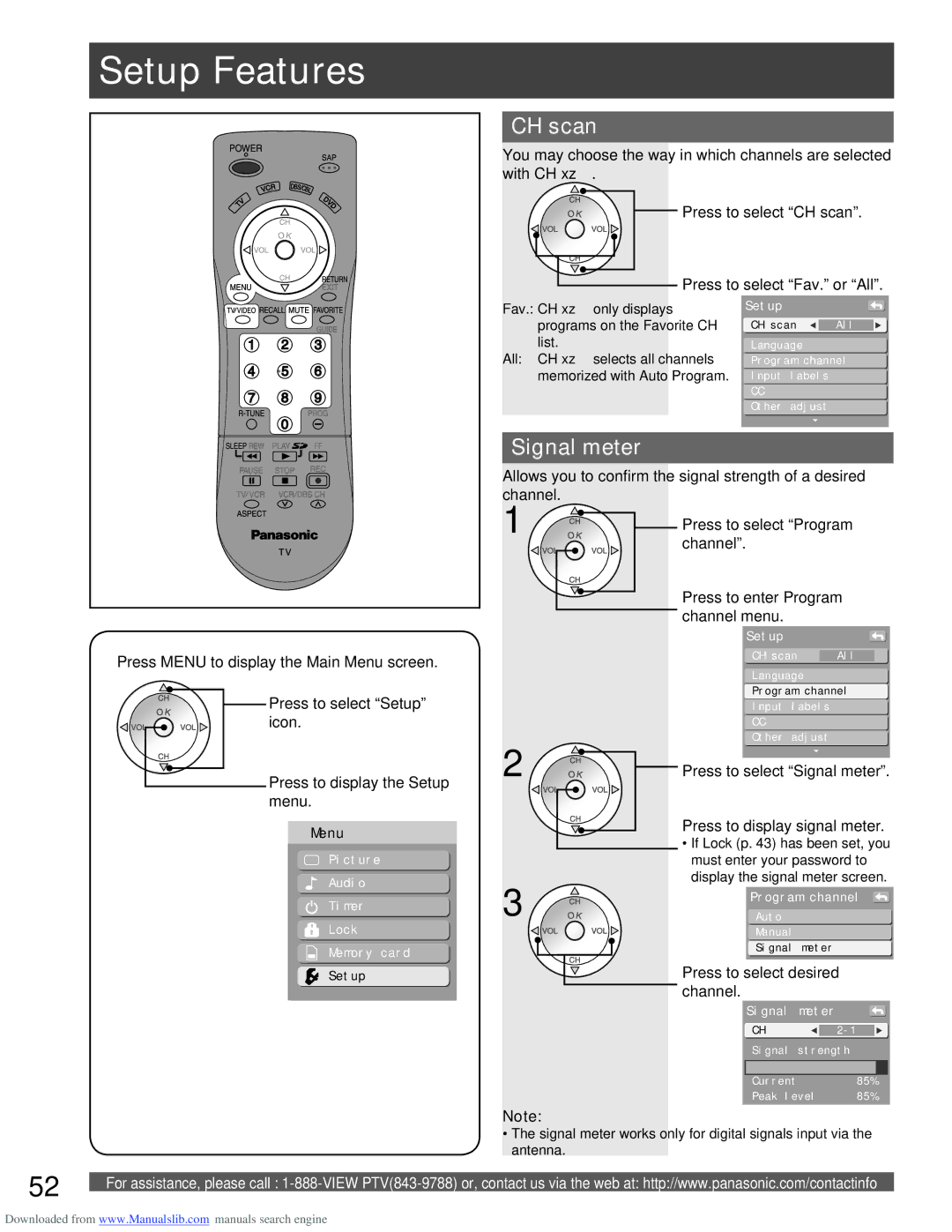 Panasonic PT-56LCX66, PT-61LCX66 manual Setup Features, CH scan, Press to select Signal meter Press to display signal meter 