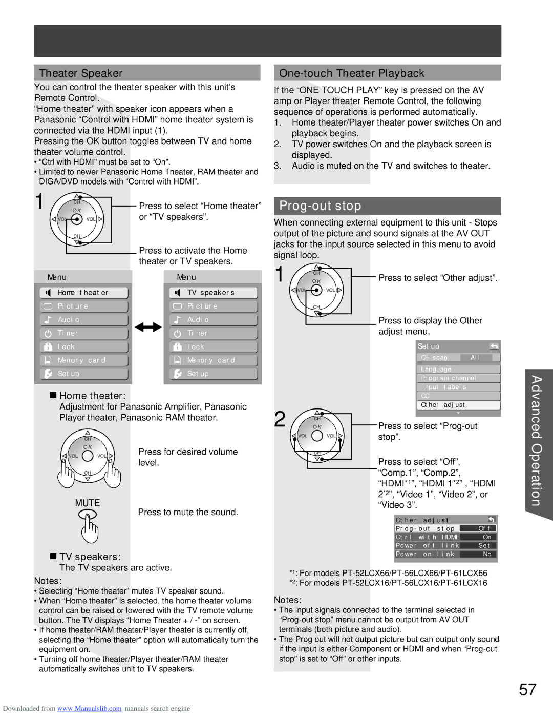 Panasonic PT-56LCX66, PT-61LCX66 Prog-out stop, Theater Speaker, One-touch Theater Playback, Home theater, TV speakers 