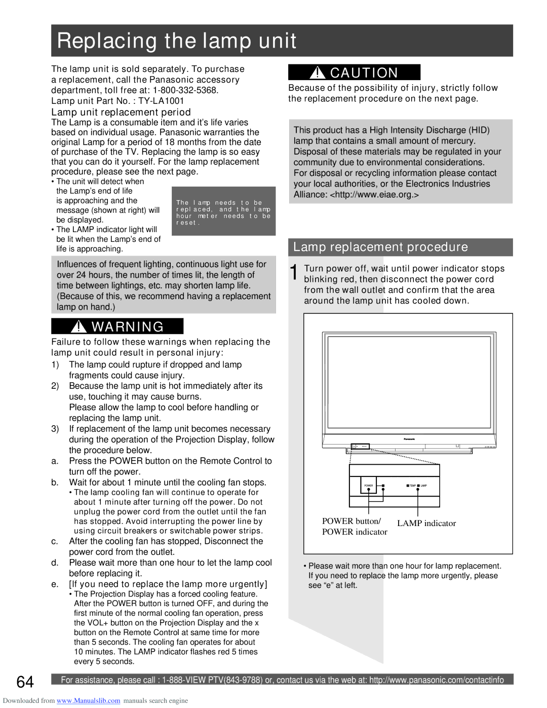 Panasonic PT-56LCX16, PT-61LCX66 manual Replacing the lamp unit, Lamp replacement procedure, Lamp unit replacement period 