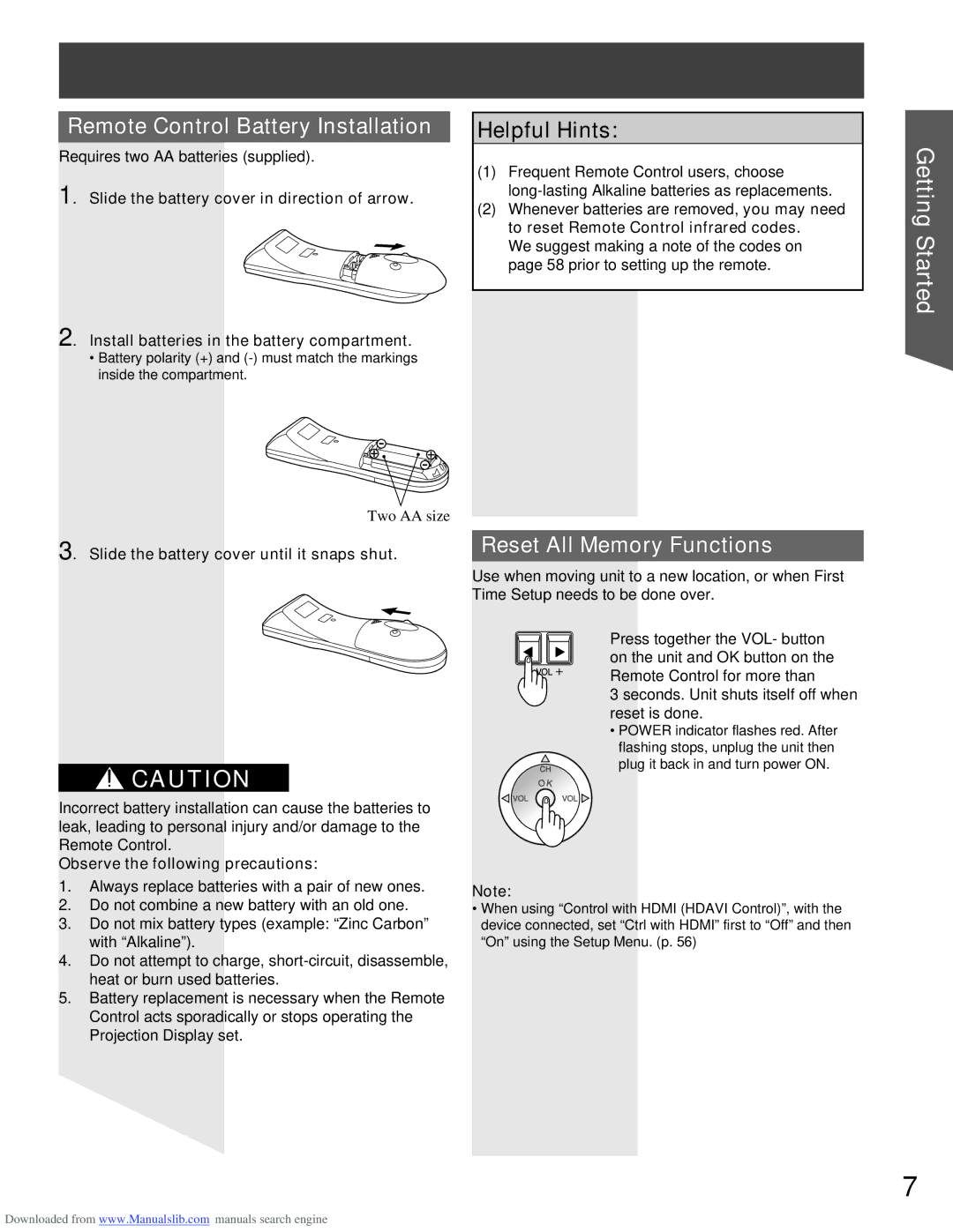 Panasonic PT-56LCX66 Remote Control Battery Installation, Reset All Memory Functions, Requires two AA batteries supplied 