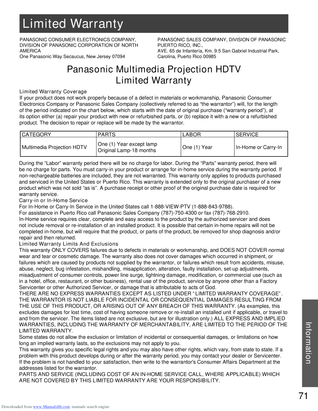 Panasonic PT-61LCX16 Limited Warranty Coverage, Carry-in or In-Home Service, Limited Warranty Limits And Exclusions 