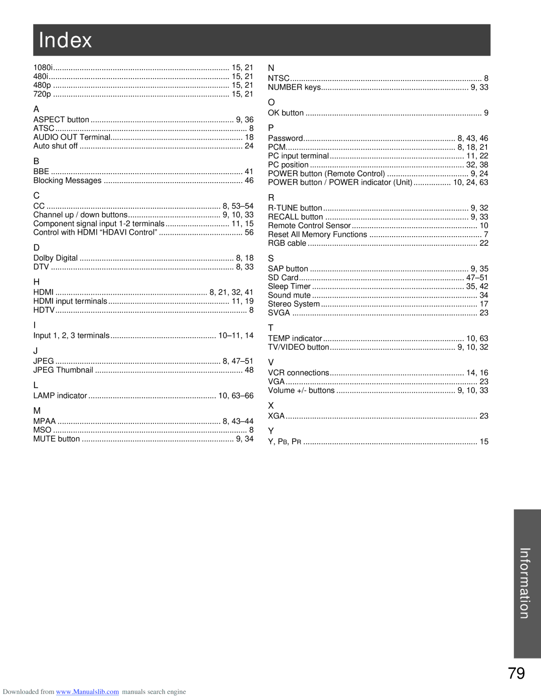 Panasonic PT-56LCX16, PT-61LCX66, PT-61LCX16, PT-56LCX66, PT-52LCX16 manual Index, Pcm 