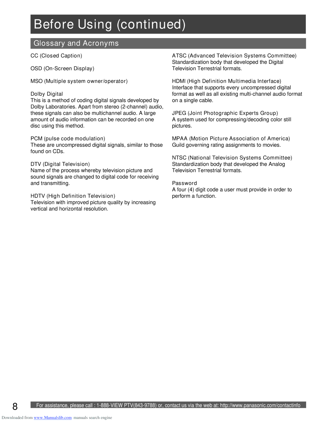 Panasonic PT-52LCX16, PT-61LCX66, PT-61LCX16 manual Glossary and Acronyms, PCM pulse code modulation, DTV Digital Television 