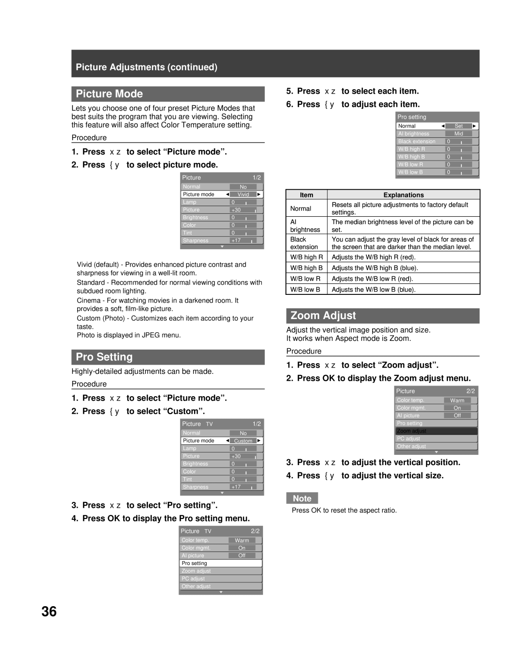 Panasonic PT-61LCX70 Picture Mode, Pro Setting, Zoom Adjust, Press to select Picture mode Press to select picture mode 