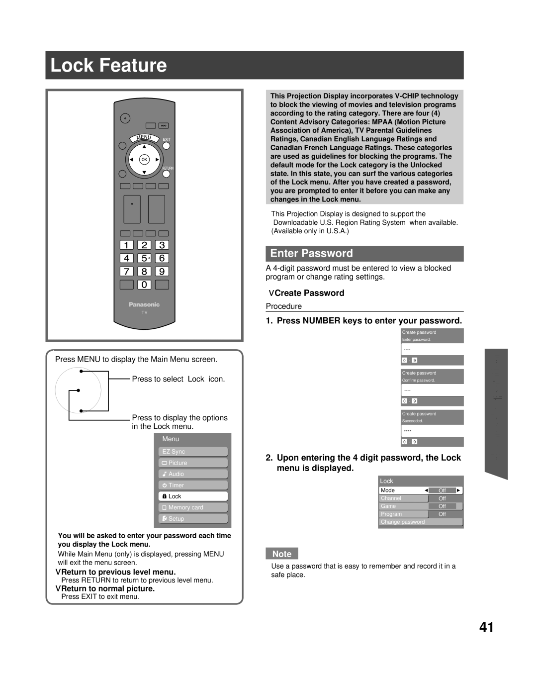 Panasonic PT-56LCX7, PT-61LCX7 Lock Feature, Enter Password, Create Password, Press Number keys to enter your password 